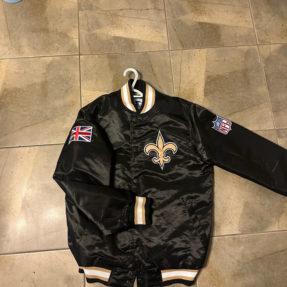 STARTER Black and Gold Varsity Jacket with Saints Logo